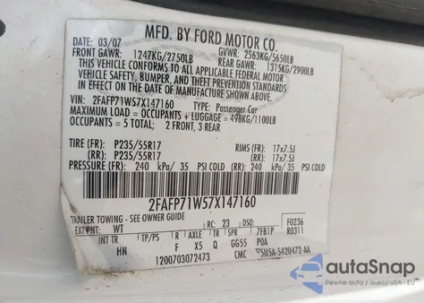 2007 Ford Crown Victoria Police/Police Interceptor z USA, uszkodzony, nr VIN 2FAFP71W57X147160